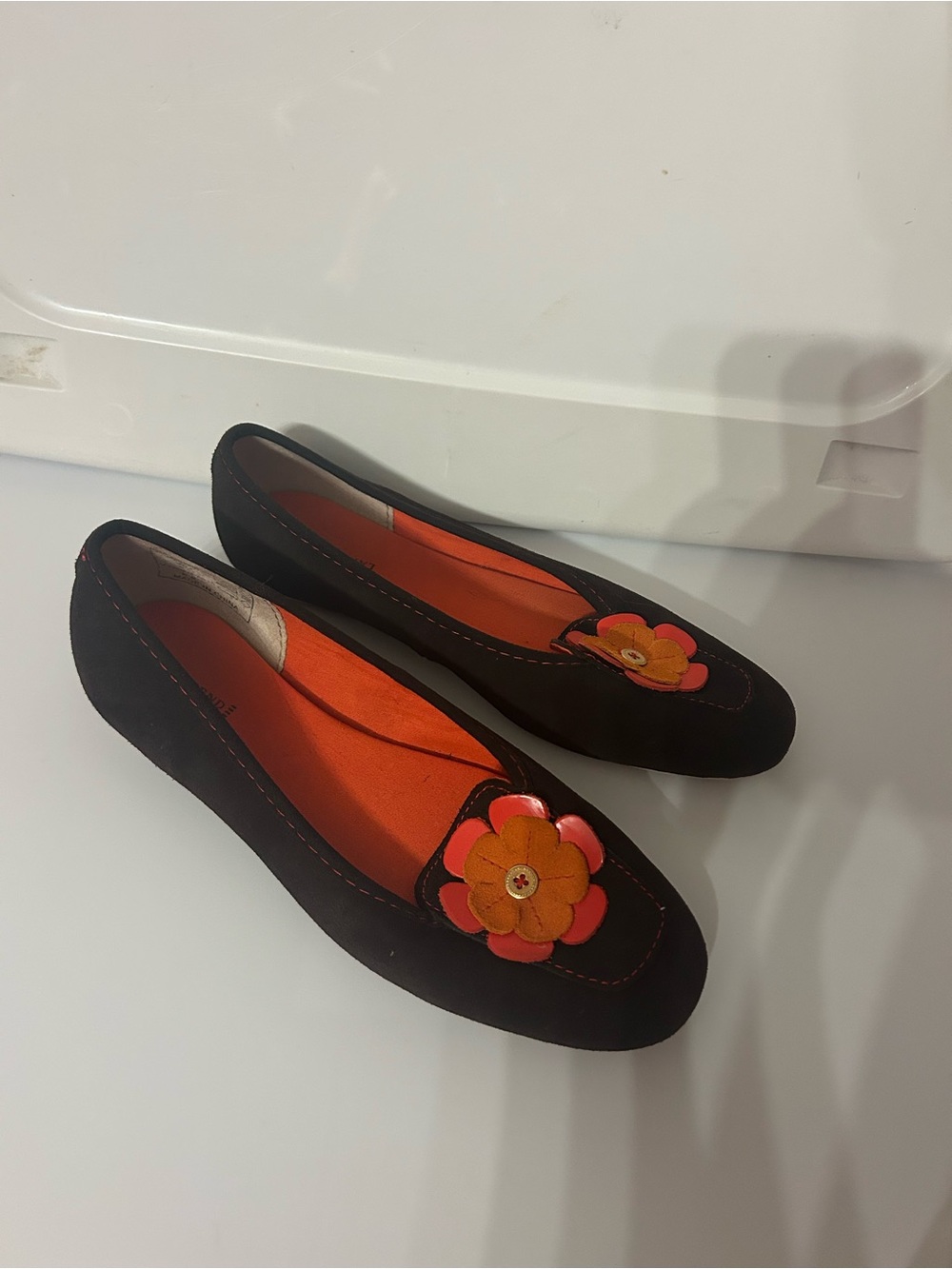 Lands' End Black Suede Flats with Orange Floral Accent